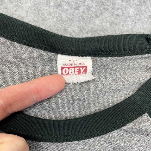 Obey Raglan T-Shirt Men’s Large Green Gray Made in USA Spellout Vintage Skate - Picture 3 of 9